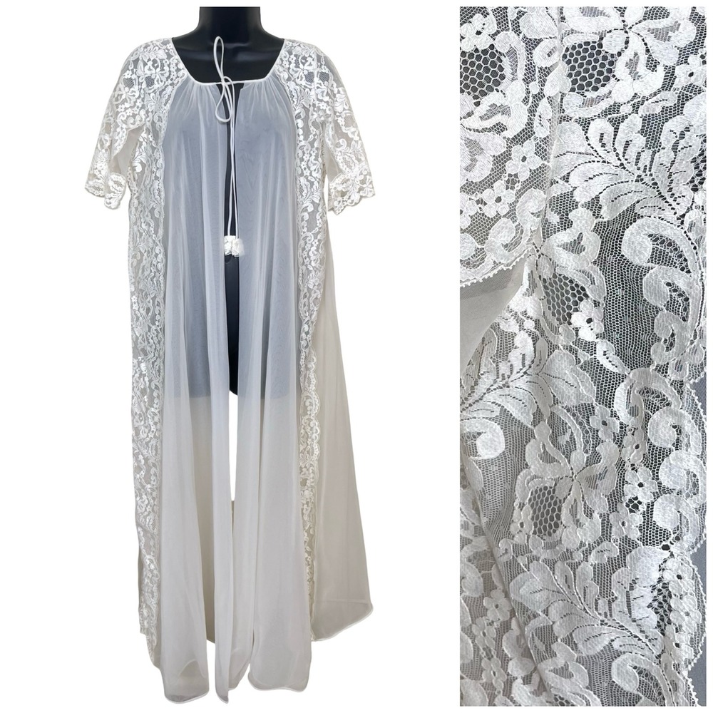 Vintage Shadowline‎ Petite White Lace Sheer Nylon Peignoir Robe 50s 60s Bridal